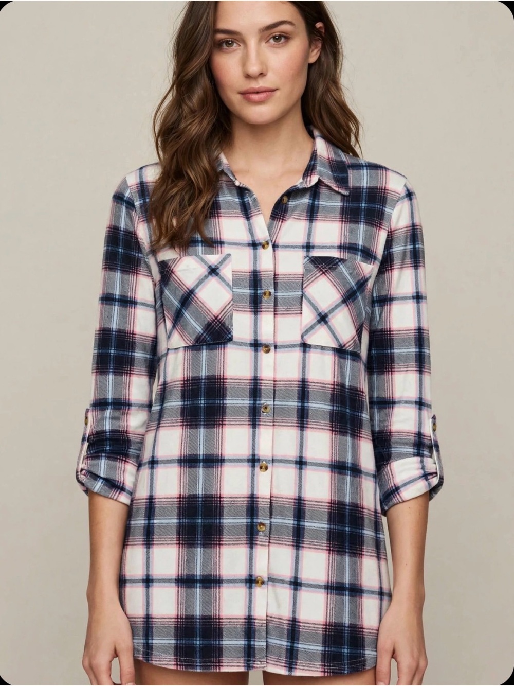 Robert Lewis Plaid  flannel Button-Front Tunic Shirt -